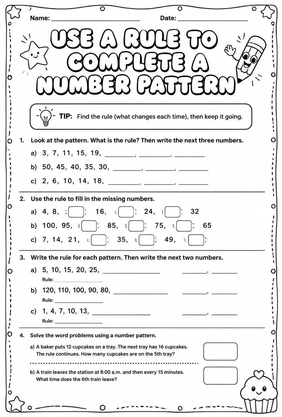 Use a rule to complete a number pattern — free printable Grade 4 math worksheet