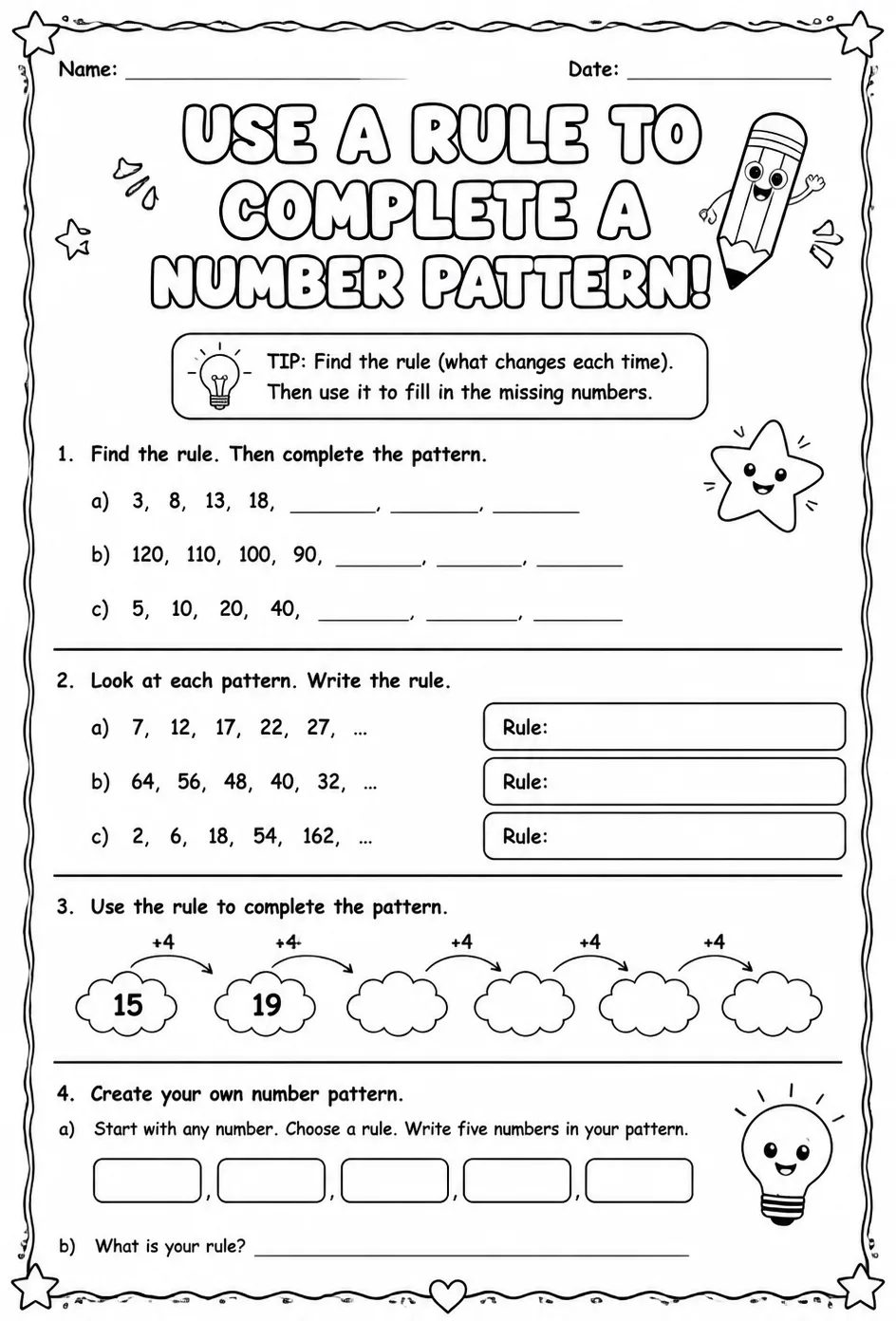 Use a rule to complete a number pattern — free printable Grade 5 math worksheet