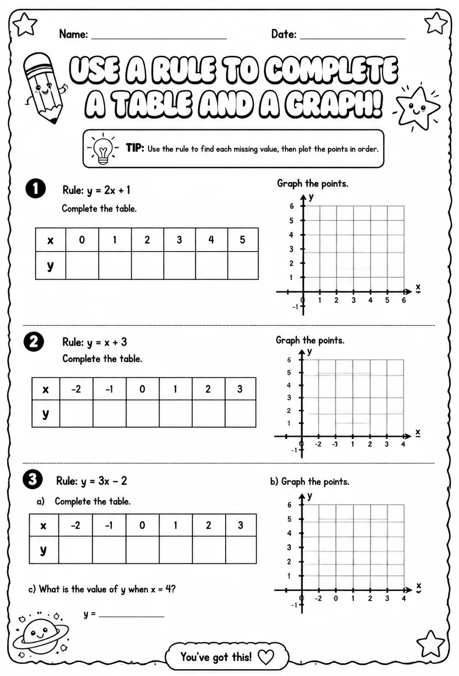 Use a rule to complete a table and a graph — free printable Grade 5 math worksheet