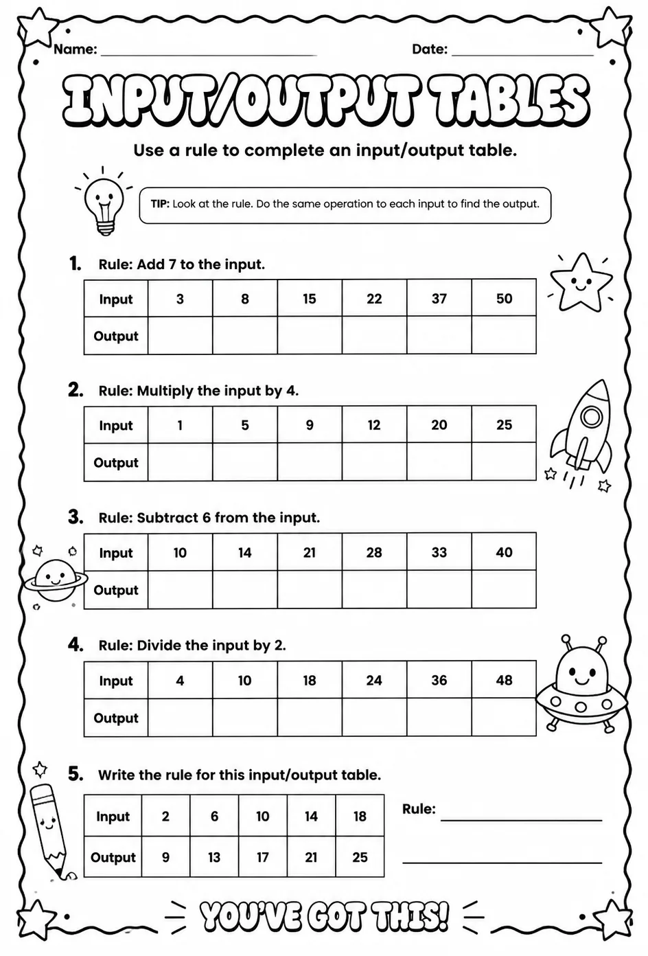 Use a rule to complete an input/output table — free printable Grade 4 math worksheet