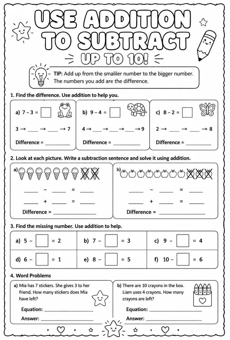 Use addition to subtract - up to 10 — free printable Grade 1 math worksheet