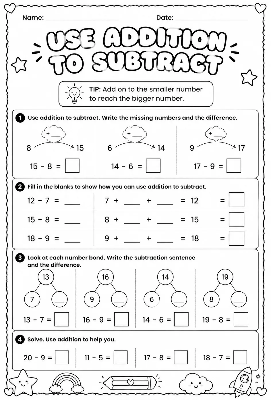 Use addition to subtract - up to 20 — free printable Grade 1 math worksheet