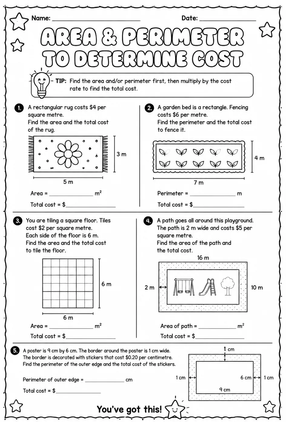 Use area and perimeter to determine cost — free printable Grade 4 math worksheet
