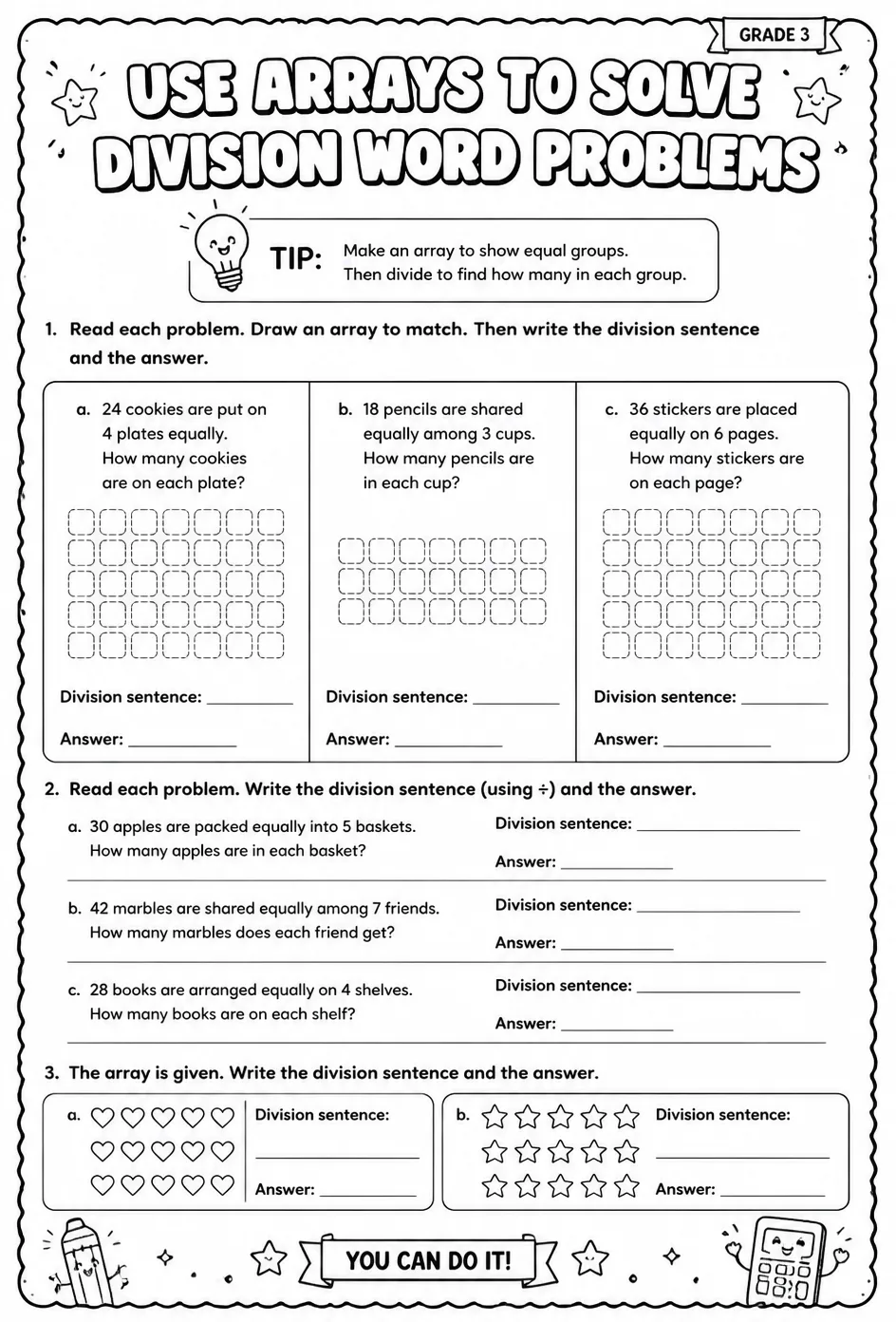Use arrays to solve division word problems — free printable Grade 3 math worksheet