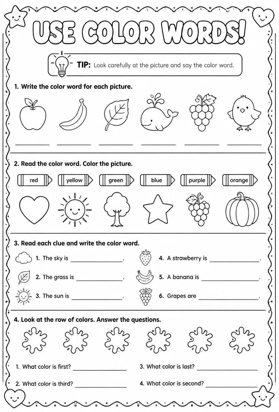 Use color words — free printable Kindergarten English & Reading worksheet