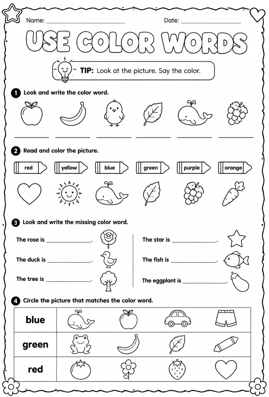 Use color words — free printable Pre-K English & Reading worksheet