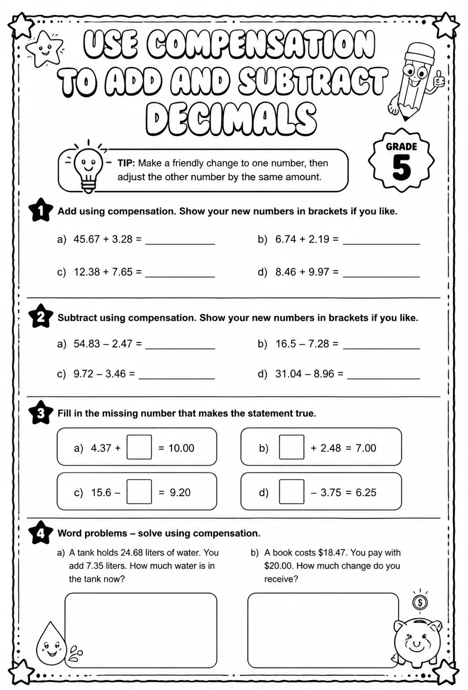 Use compensation to add and subtract decimals — free printable Grade 5 math worksheet