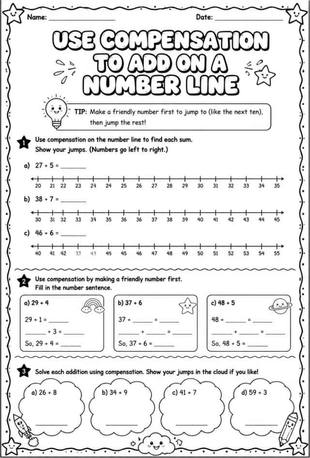 Use compensation to add on a number line - up to two digits