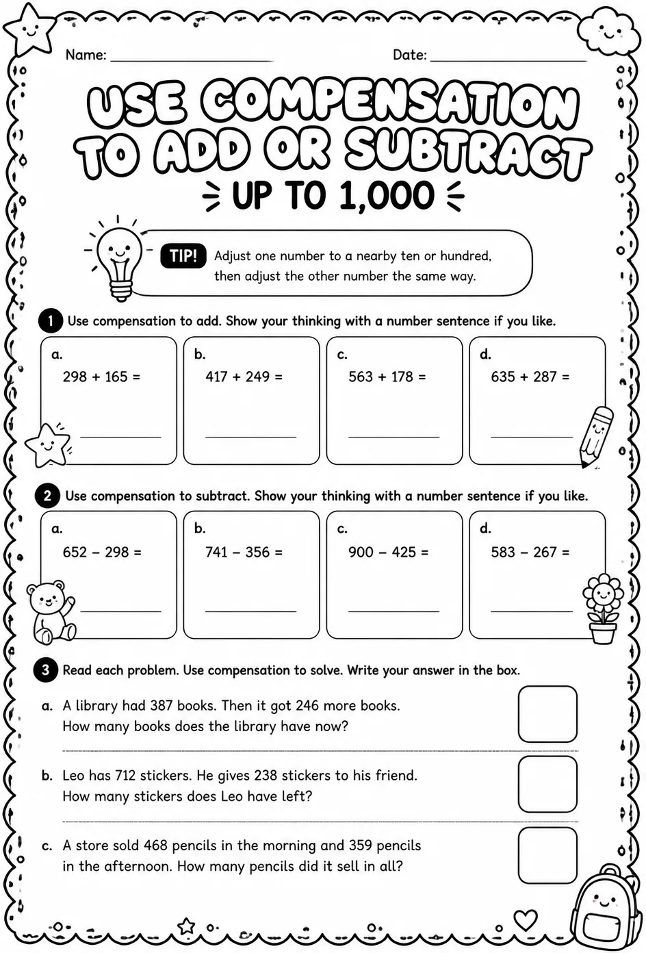 Use compensation to add or subtract - up to 1,000 — free printable Grade 2 math worksheet