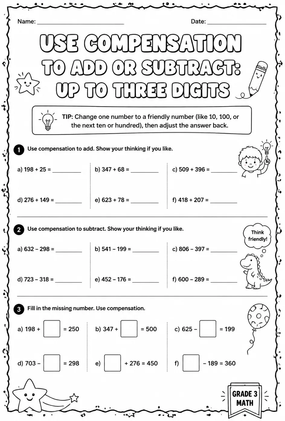 Use compensation to add or subtract: up to three digits — free printable Grade 3 math worksheet