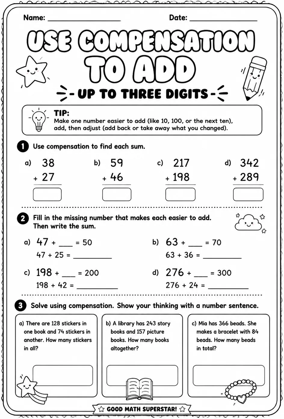 Use compensation to add - up to three digits — free printable Grade 2 math worksheet