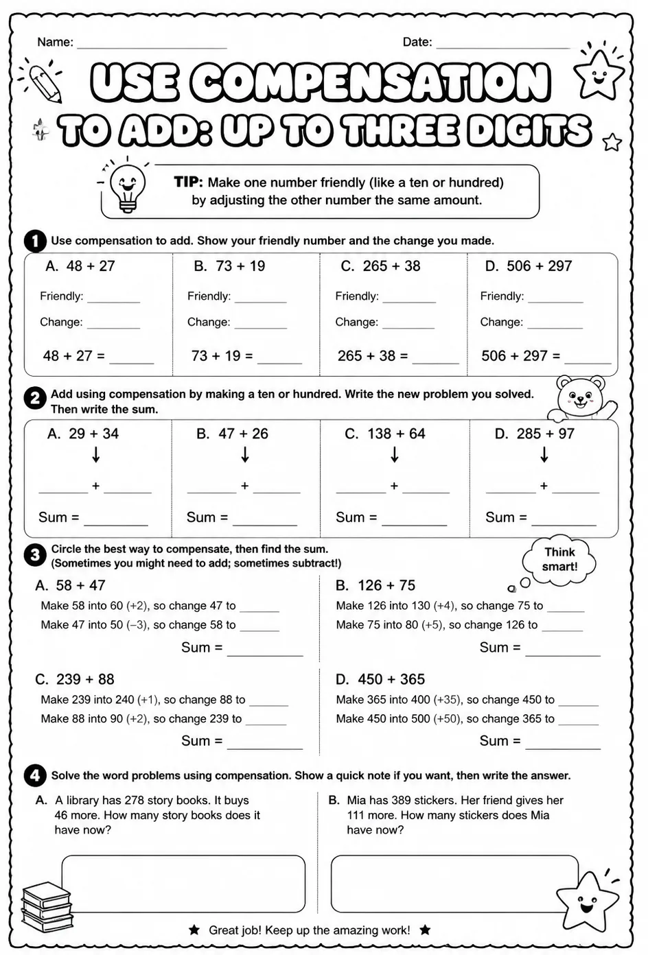 Use compensation to add: up to three digits — free printable Grade 3 math worksheet