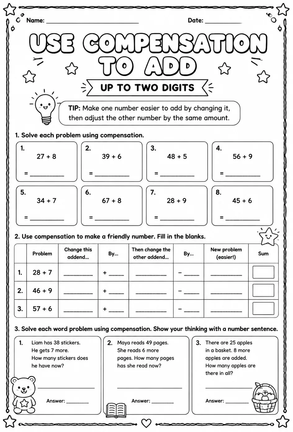 Use compensation to add - up to two digits — free printable Grade 2 math worksheet