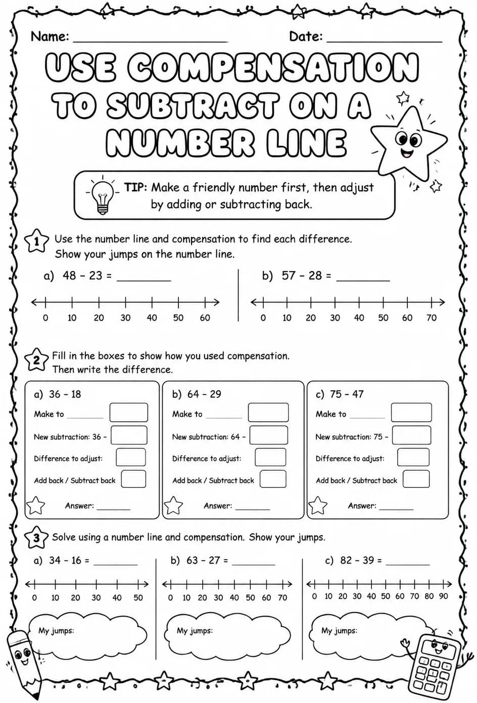 Use compensation to subtract on a number line - up to two digits — free printable Grade 2 math worksheet