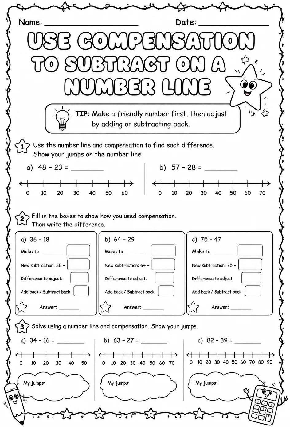 Use compensation to subtract on a number line - up to two digits — free printable Grade 2 math worksheet