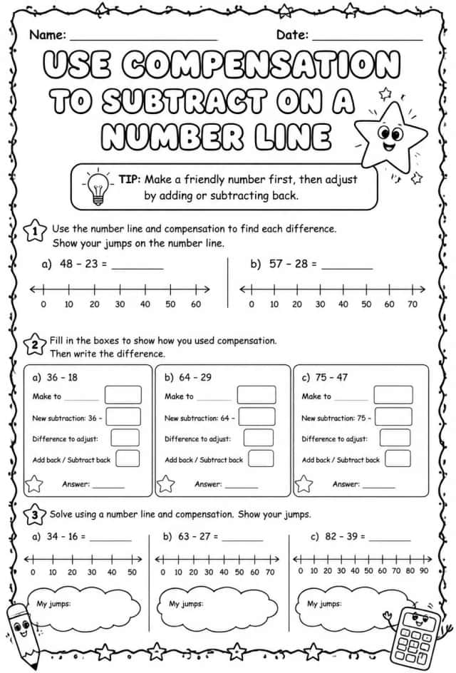 Use compensation to subtract on a number line - up to two digits