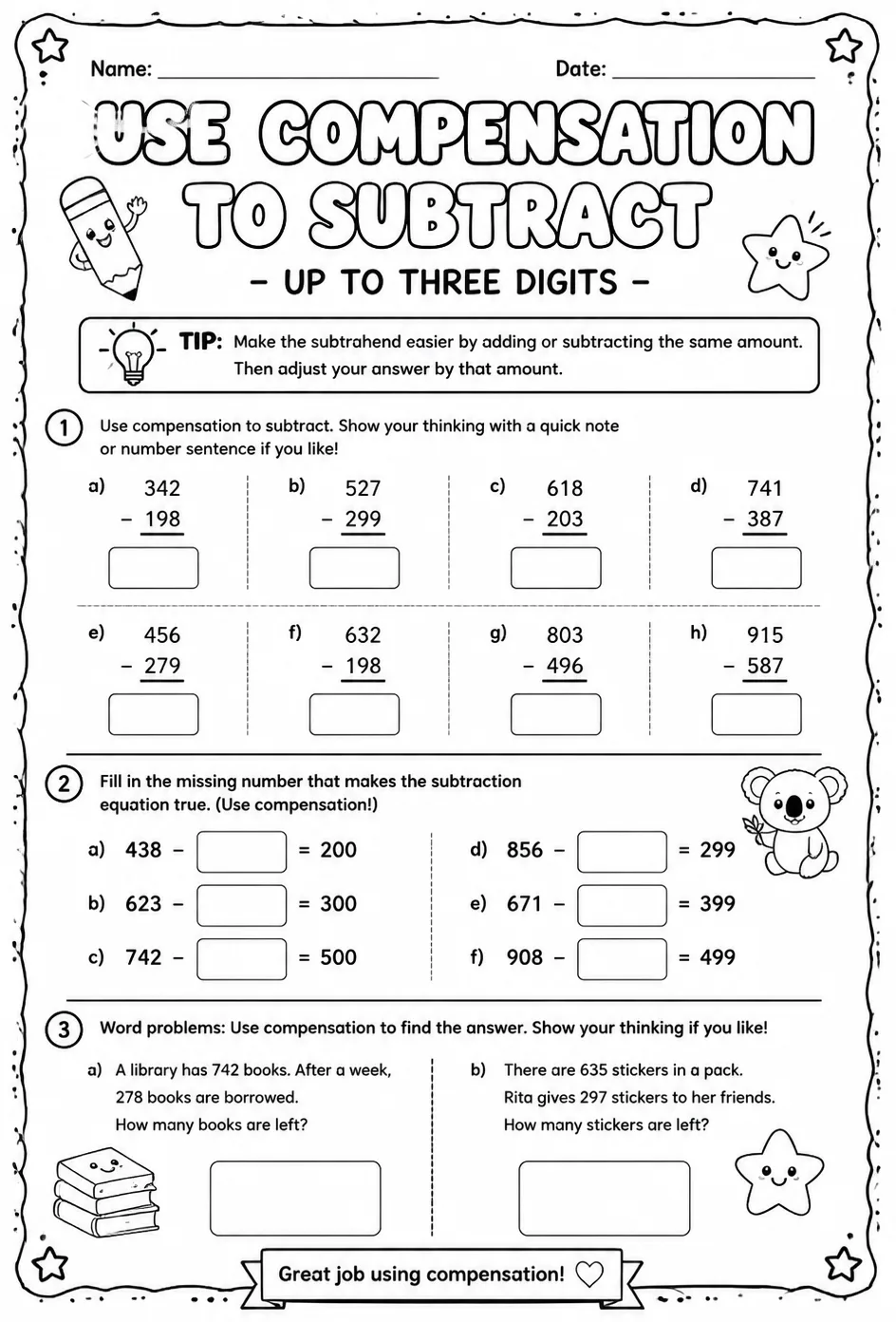 Use compensation to subtract - up to three digits — free printable Grade 2 math worksheet