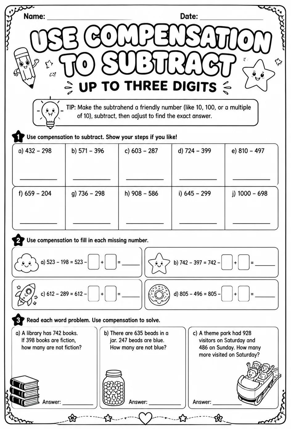 Use compensation to subtract: up to three digits — free printable Grade 3 math worksheet