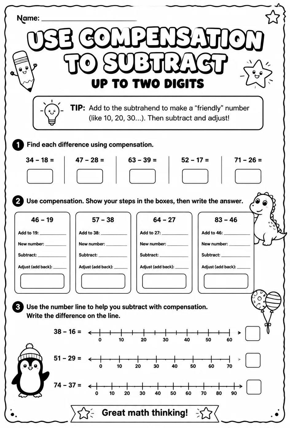 Use compensation to subtract - up to two digits — free printable Grade 2 math worksheet