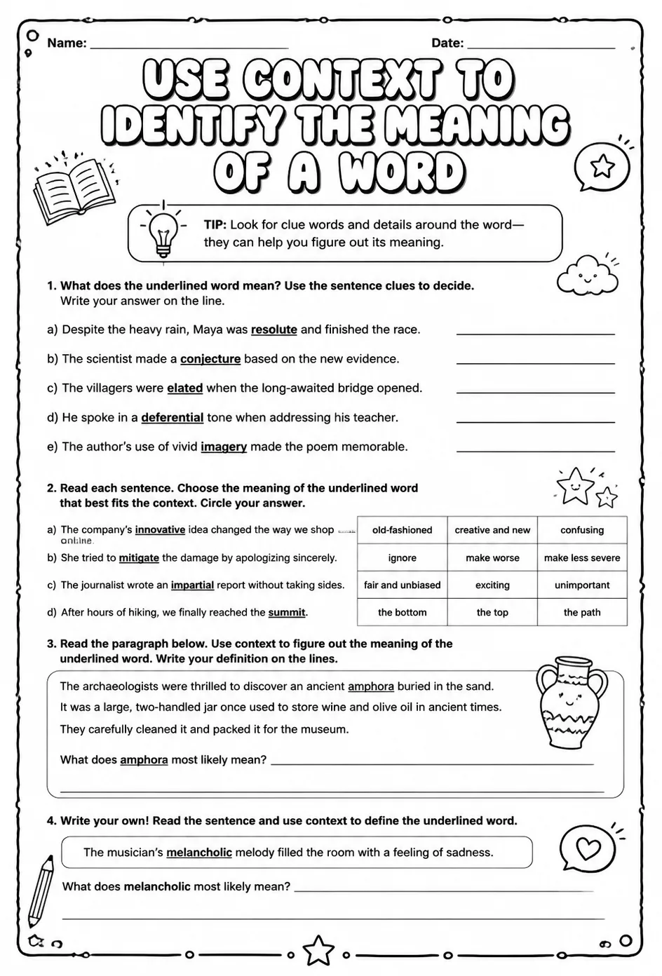 Use context to identify the meaning of a word — free printable Vocabulary English worksheet