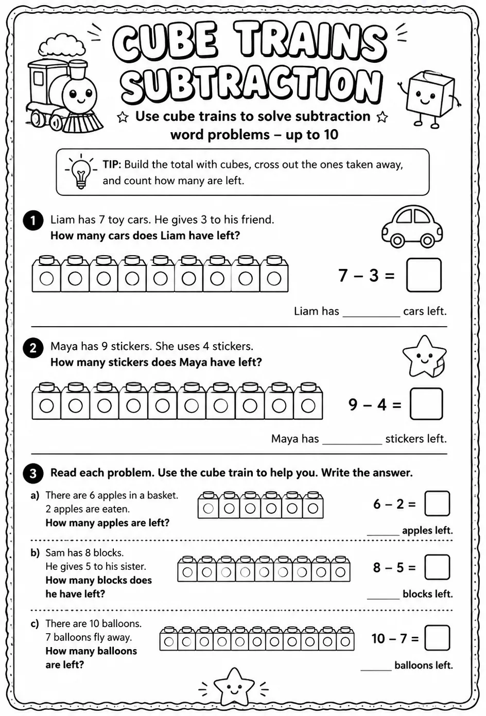 Use cube trains to solve subtraction word problems - up to 10 — free printable Grade 1 math worksheet