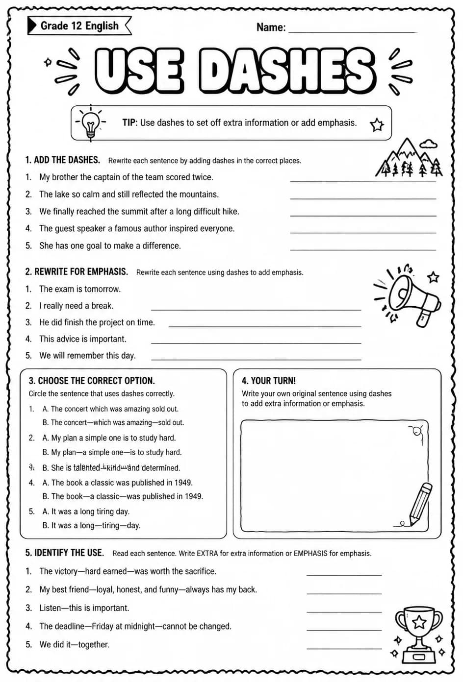 Use dashes — free printable Grammar and mechanics English worksheet