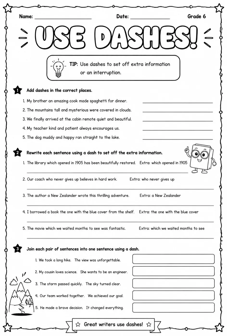 Use dashes — free printable Middle School English & Reading worksheet