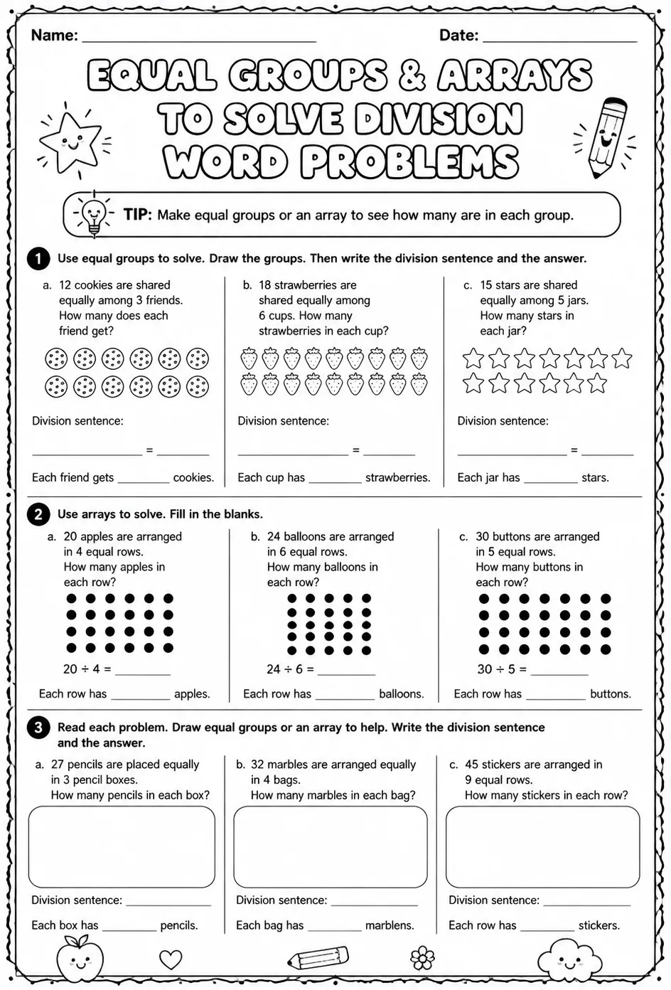 Use equal groups and arrays to solve division word problems — free printable Grade 3 math worksheet