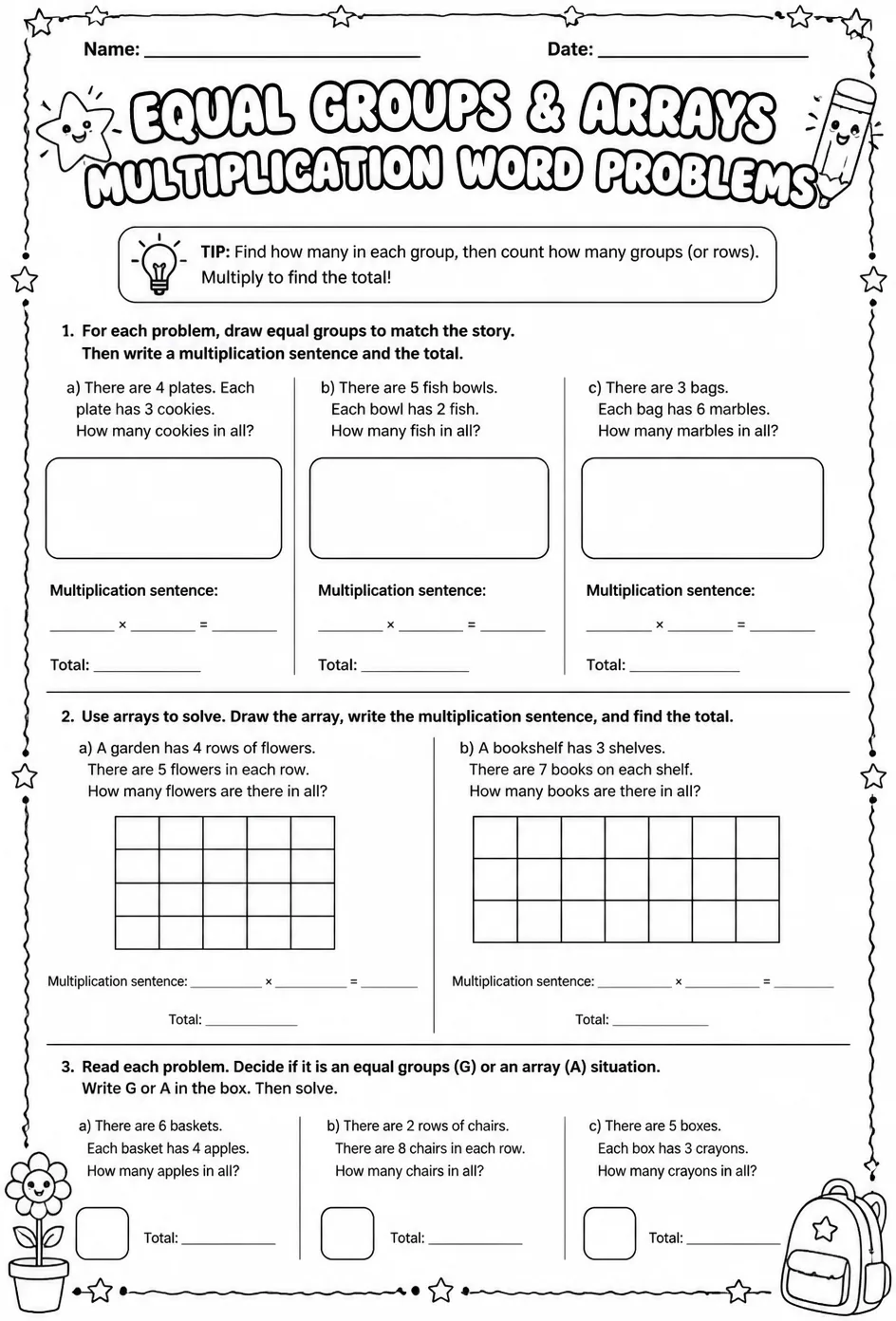 Use equal groups and arrays to solve multiplication word problems — free printable Grade 3 math worksheet