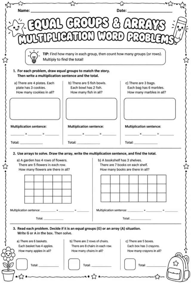 Use equal groups and arrays to solve multiplication word problems