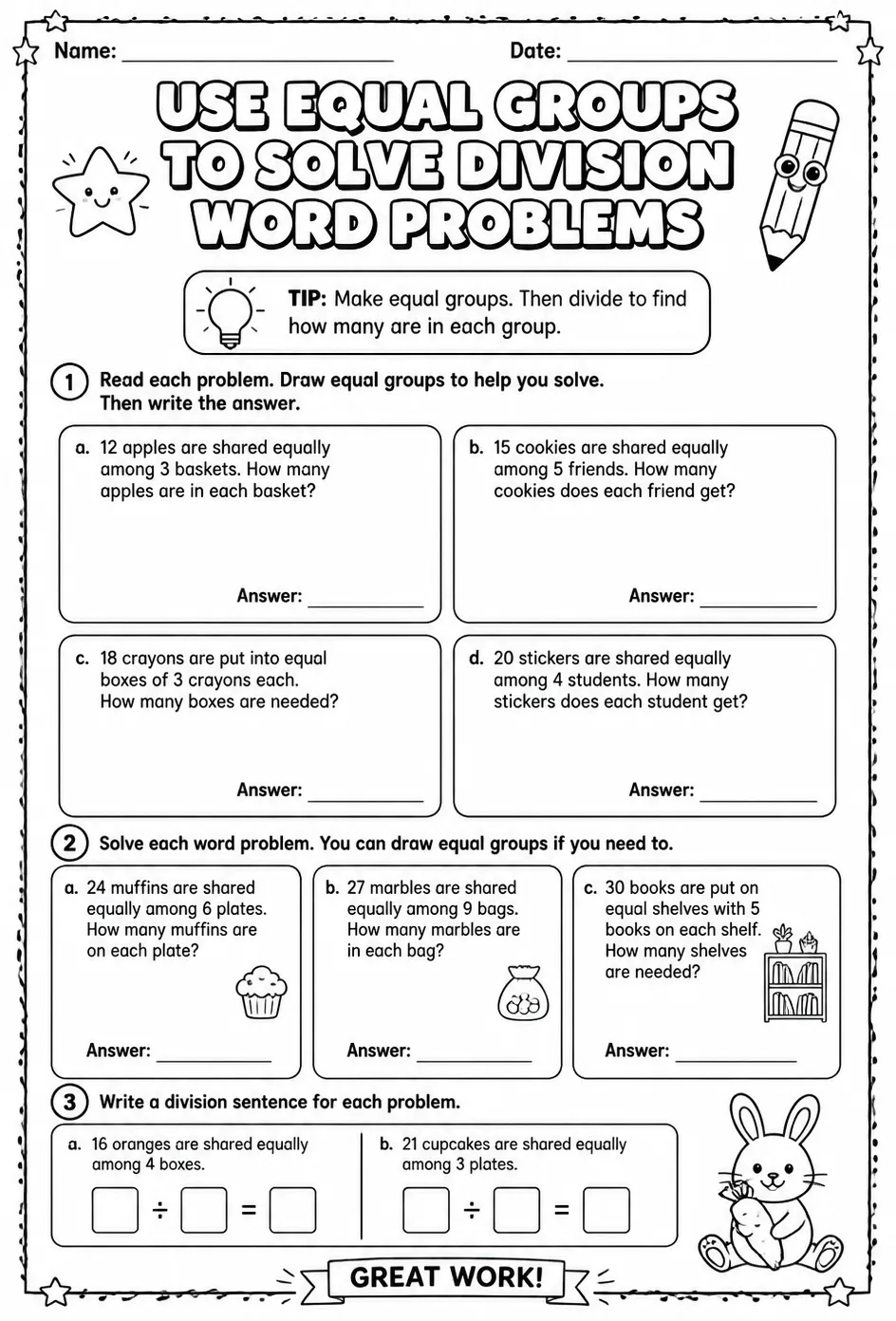 Use equal groups to solve division word problems — free printable Grade 3 math worksheet