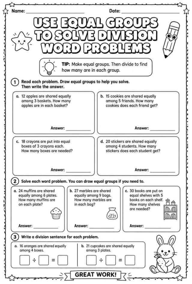 Use equal groups to solve division word problems