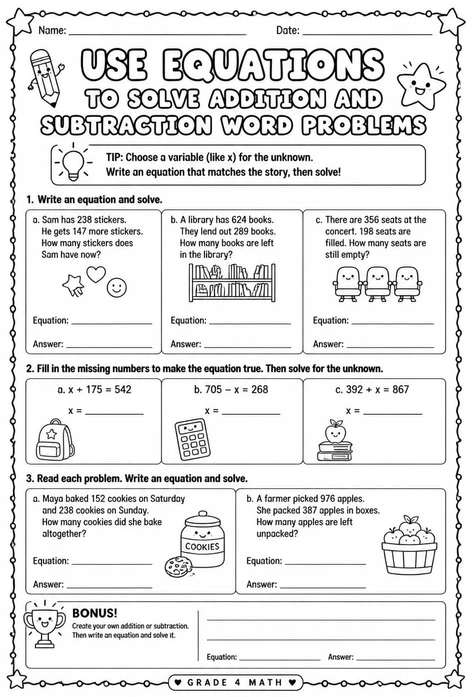 Use equations to solve addition and subtraction word problems — free printable Grade 4 math worksheet