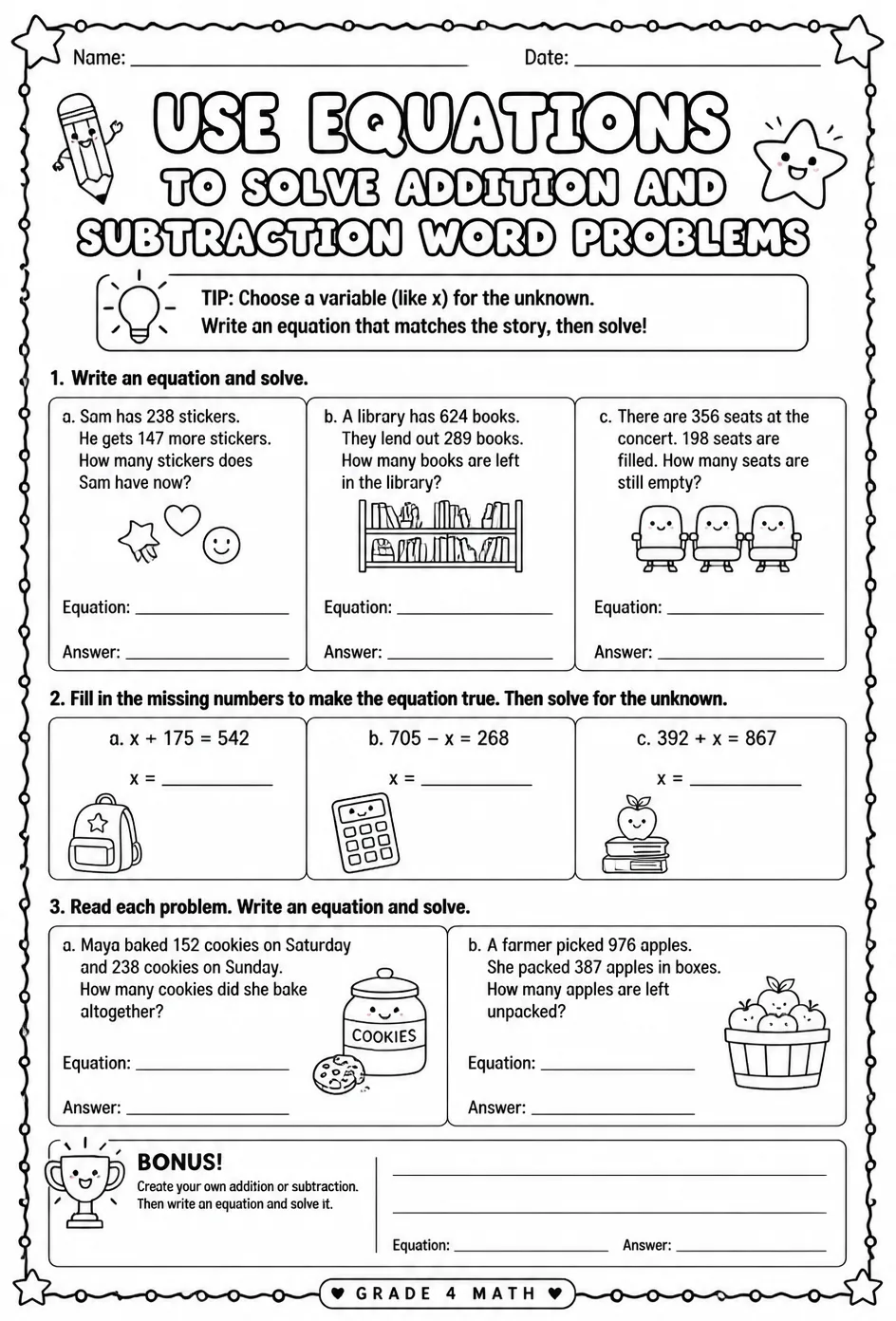 Use equations to solve addition and subtraction word problems — free printable Grade 4 math worksheet
