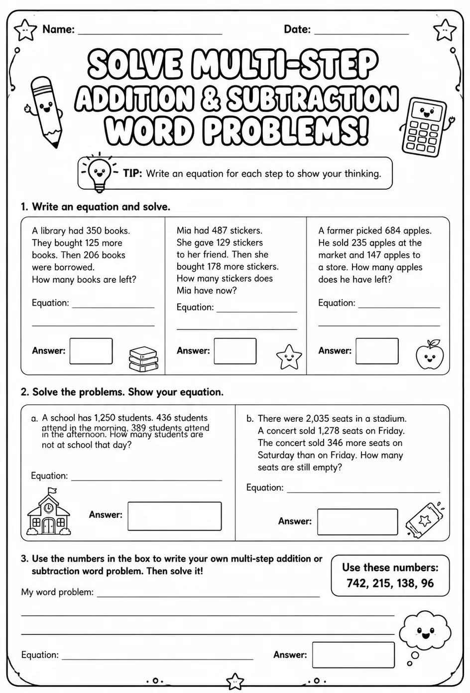 Use equations to solve multi-step addition and subtraction word problems — free printable Grade 4 math worksheet