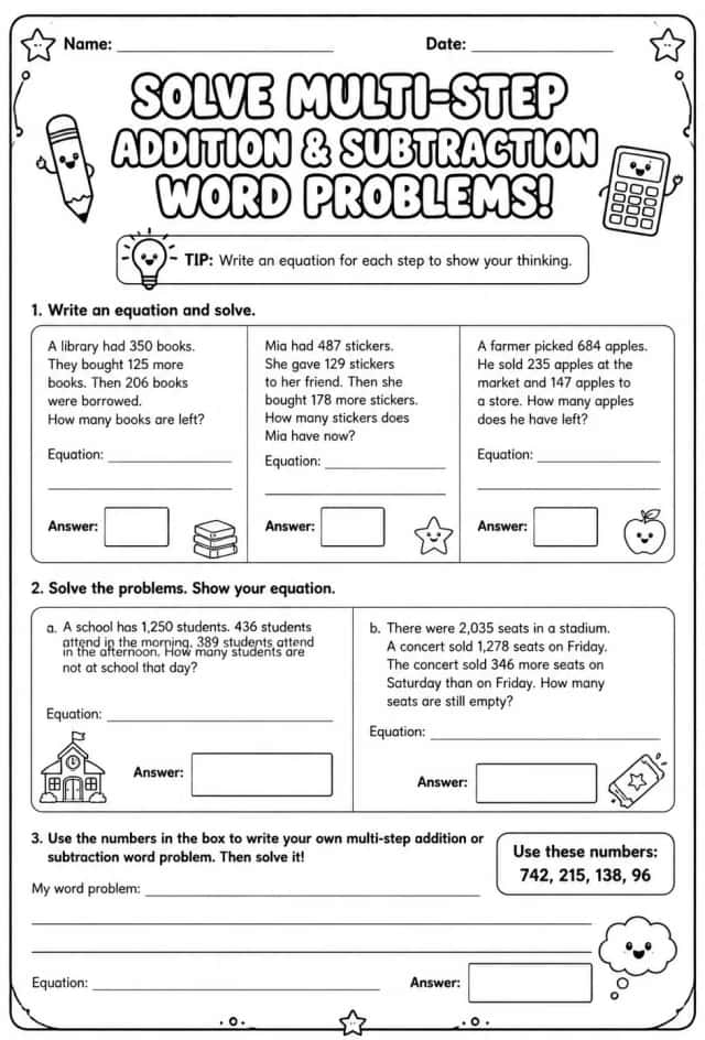 Use equations to solve multi-step addition and subtraction word problems