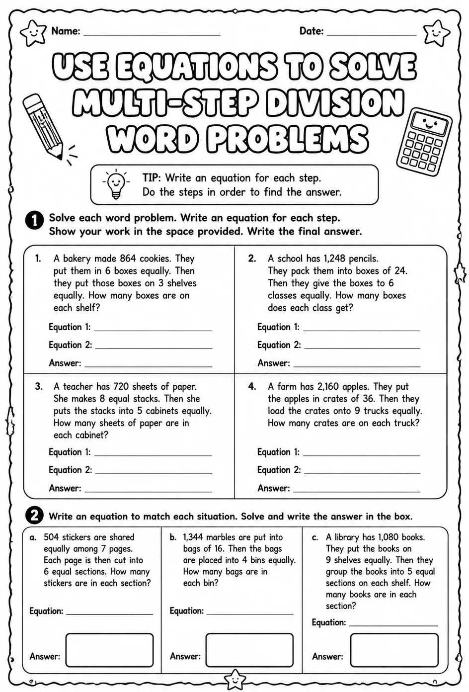 Use equations to solve multi-step division word problems — free printable Grade 4 math worksheet