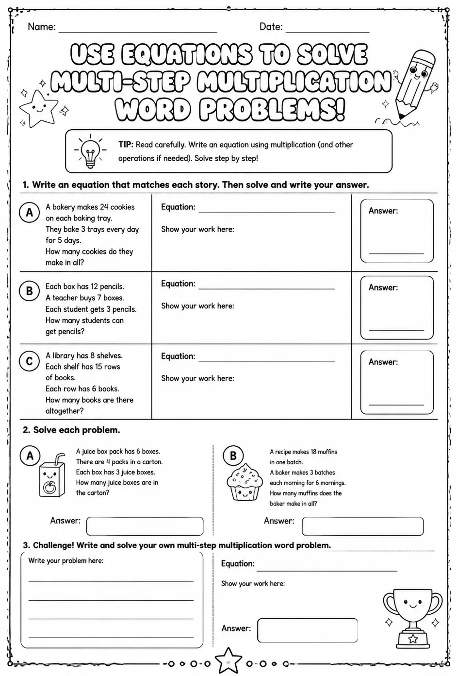 Use equations to solve multi-step multiplication word problems — free printable Grade 4 math worksheet