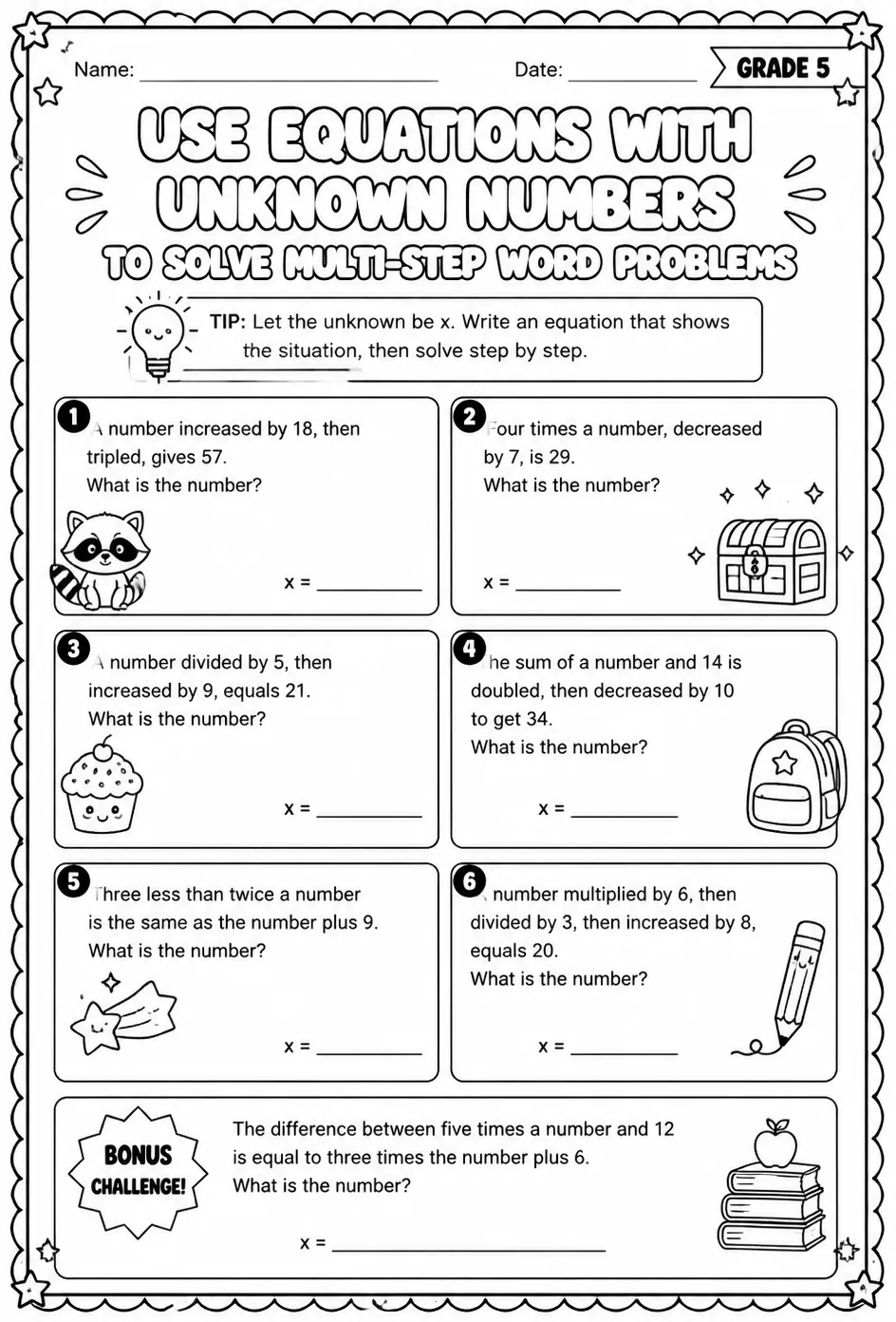 Use equations with unknown numbers to solve multi-step word problems — free printable Grade 5 math worksheet