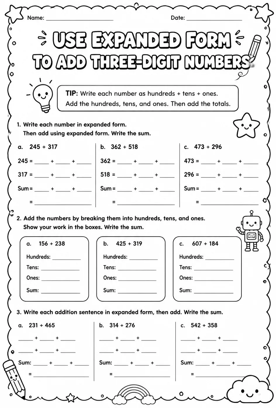 Use expanded form to add three-digit numbers — free printable Grade 2 math worksheet