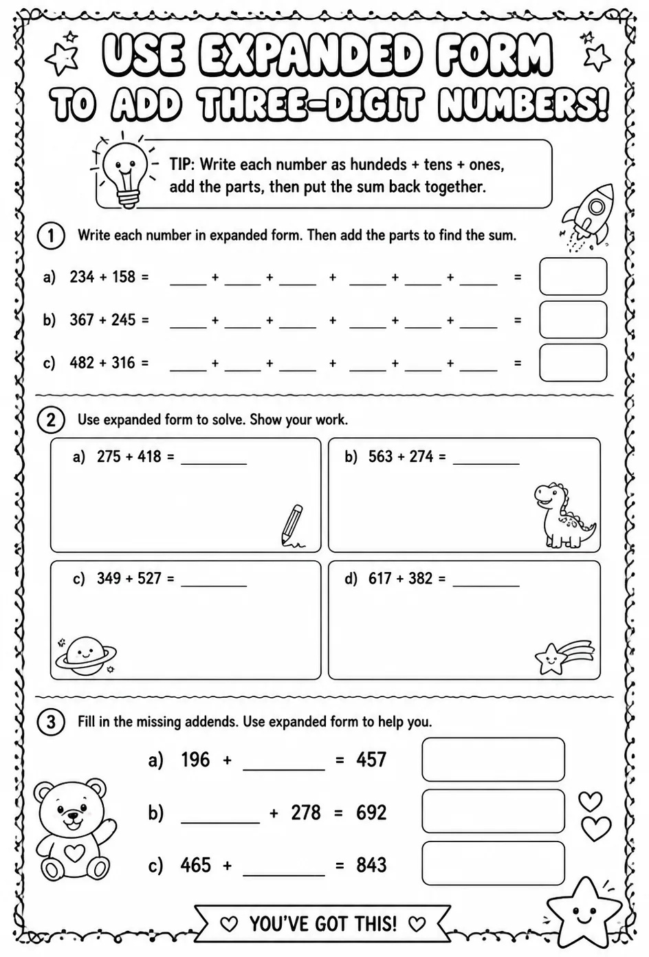 Use expanded form to add three-digit numbers — free printable Grade 3 math worksheet