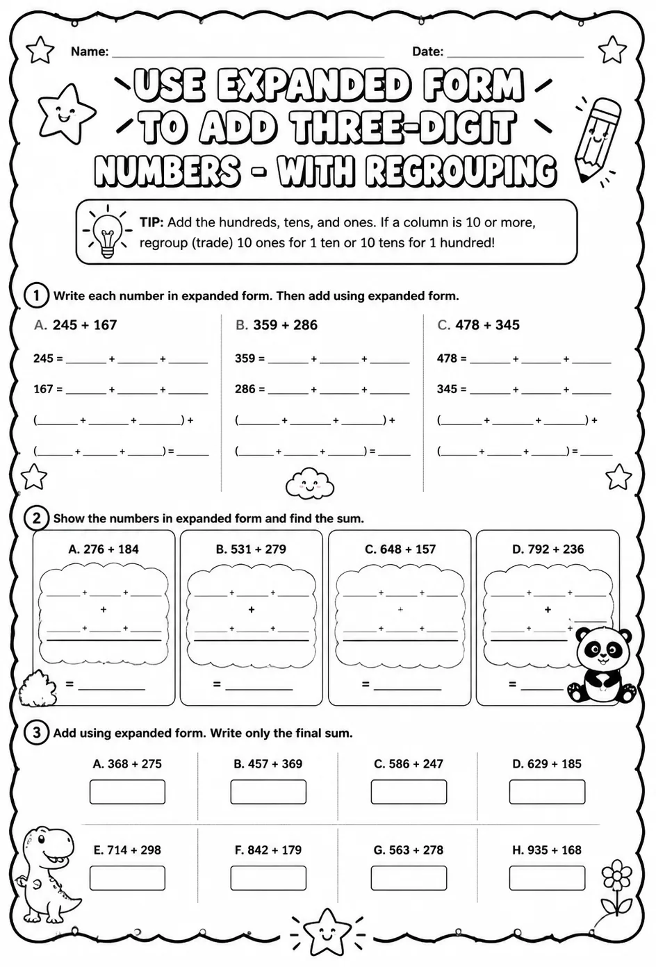 Use expanded form to add three-digit numbers - with regrouping — free printable Grade 2 math worksheet