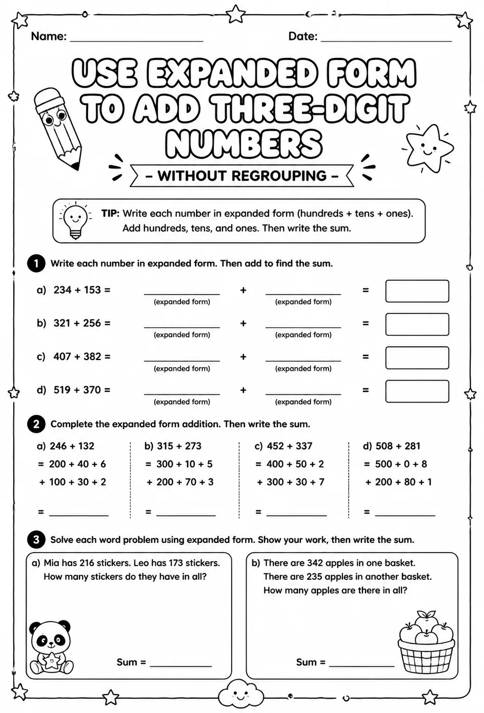 Use expanded form to add three-digit numbers - without regrouping — free printable Grade 2 math worksheet