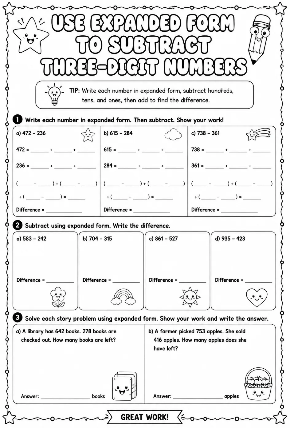 Use expanded form to subtract three-digit numbers — free printable Grade 2 math worksheet