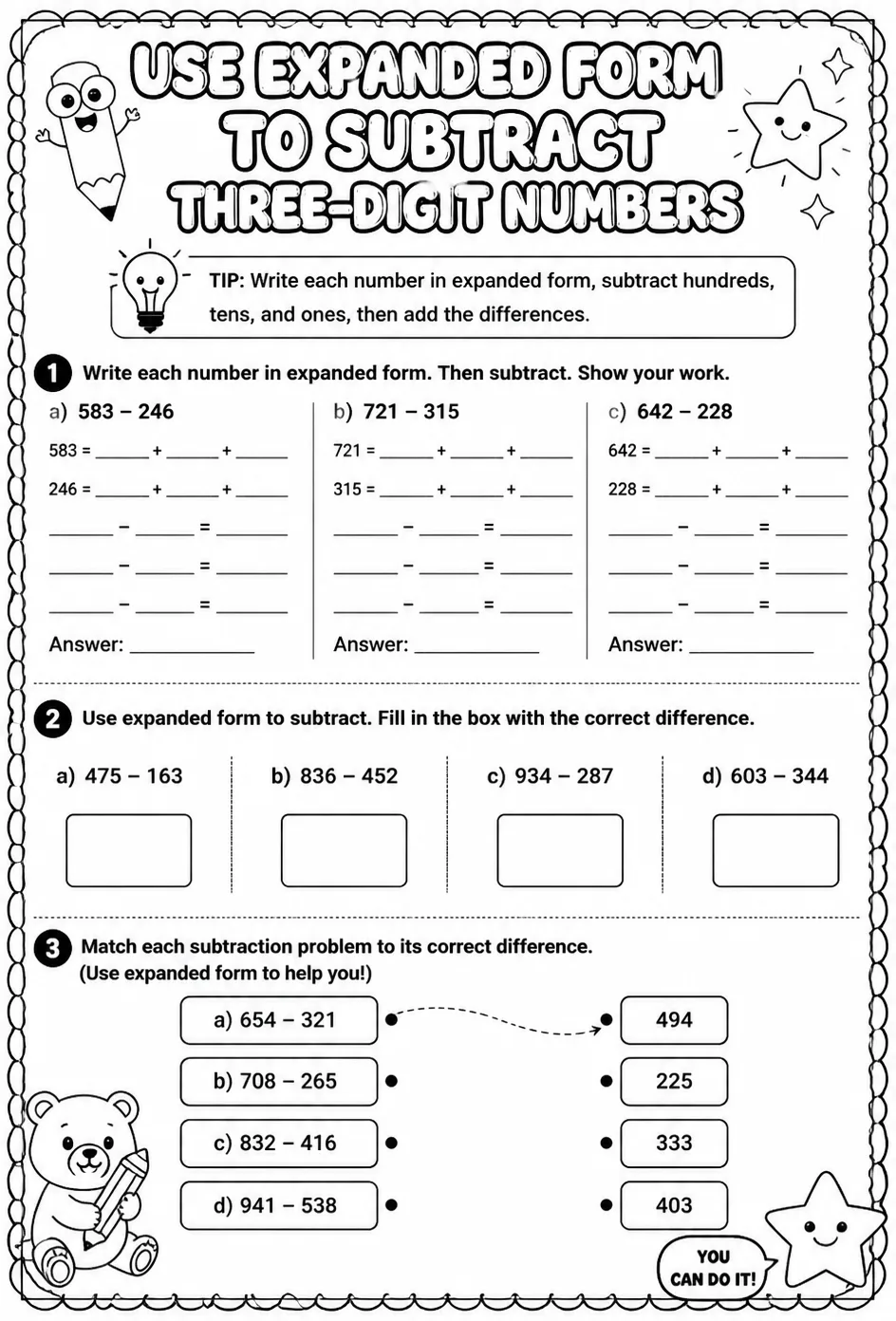 Use expanded form to subtract three-digit numbers — free printable Grade 3 math worksheet