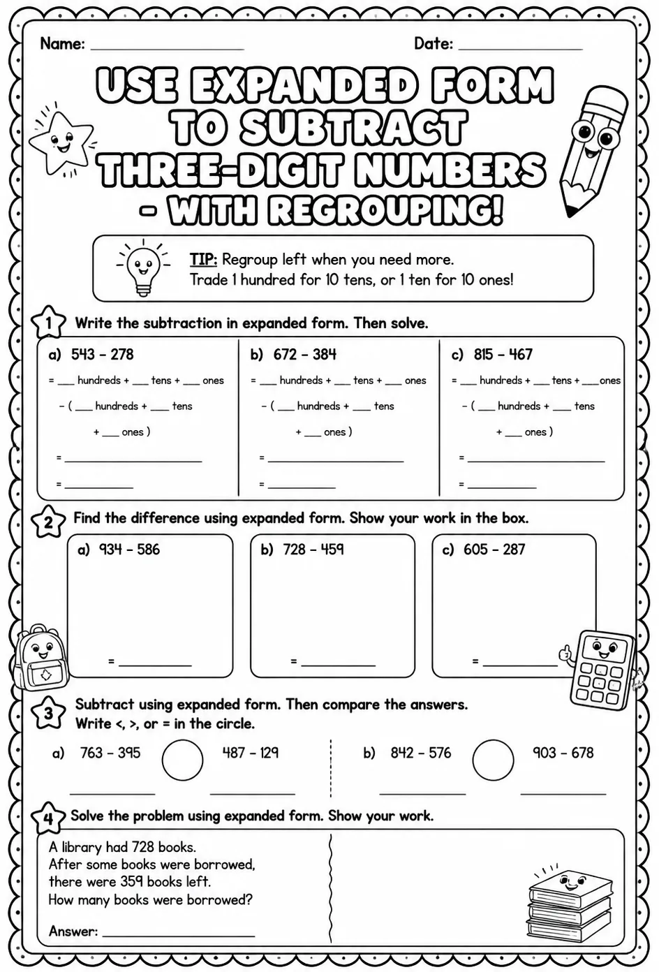 Use expanded form to subtract three-digit numbers - with regrouping — free printable Grade 2 math worksheet
