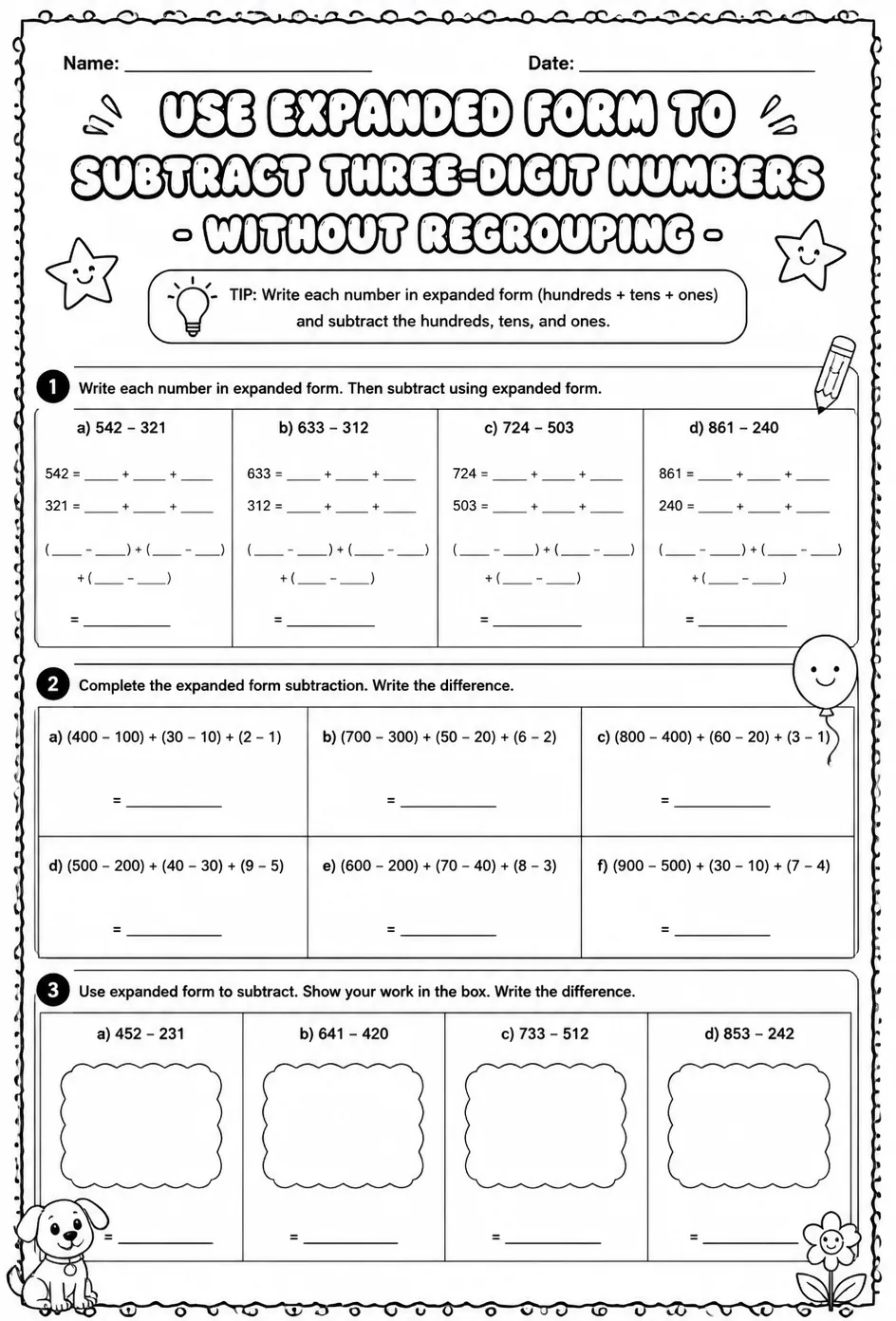 Use expanded form to subtract three-digit numbers - without regrouping — free printable Grade 2 math worksheet