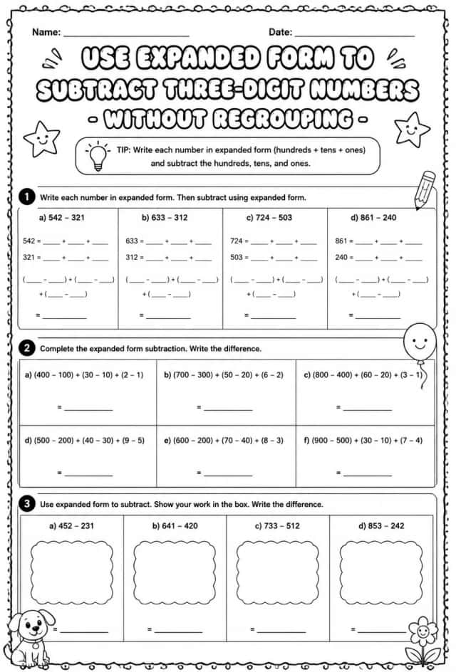 Use expanded form to subtract three-digit numbers - without regrouping
