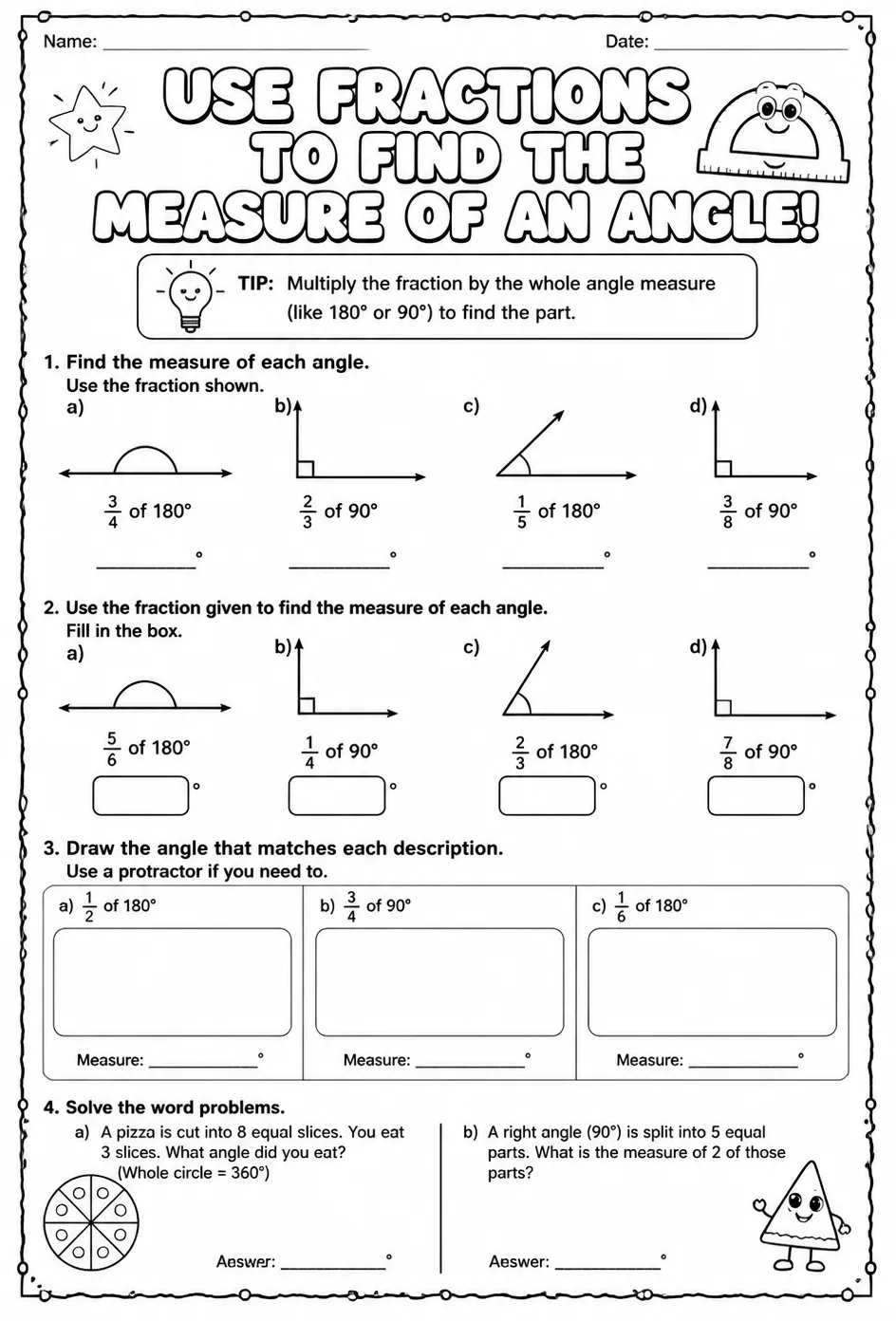 Use fractions to find the measure of an angle — free printable Grade 4 math worksheet