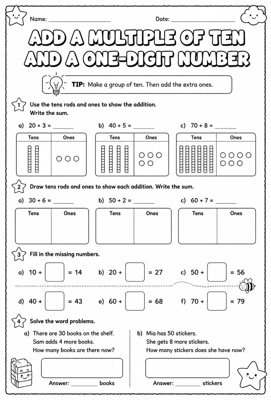 Use models to add a multiple of ten and a one-digit number — free printable Grade 1 math worksheet